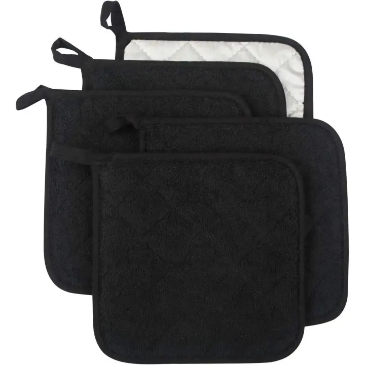 Juego de 5 agarraderas básicas de rizo 100 % algodón para uso diario, resistentes al calor, para cocinar y hornear, color negro - 1