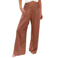 Pantalones Palaciegos De Lino Algodón Para Mujer Cintura Alta Baja Elasticidad Estilo Casual Con Bolsillos Y Botones Color Sólido Verano - details 7