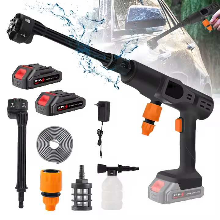 30bar Hidrolimpiadora Inalámbrica Portátil para Coche y Jardín, con Pistola 6en1, Espumador, 5m Manguera, 2xBaterías 1300mAh, para batería Makita de 18V - 1