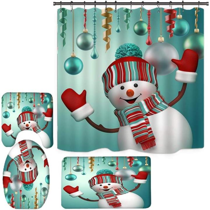 Juego de 4 cortinas de ducha navideñas para baño, alfombrillas de baño antideslizantes y tapa para inodoro.