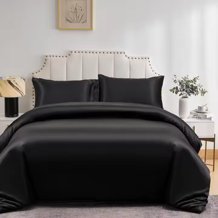DuShow Satin Duvet Cover Set Black Double,Soft Silky Duvet Cover And 2 Pillowcase Set,Lightweight Cooling Comforter Cover Set(Black,Double) - 1