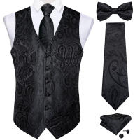 Chaleco Formal Para Hombre Negro Con Paisley Cuello Con Corbata Lazo Handkerchief Cufflinks Para Boda Prom Tuxedo Vestido De Noche - details 3