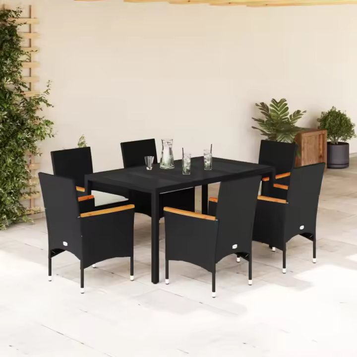 vidaXL Set comedor jardín 7 pzas cojines ratán sintético vidrio negro - 1