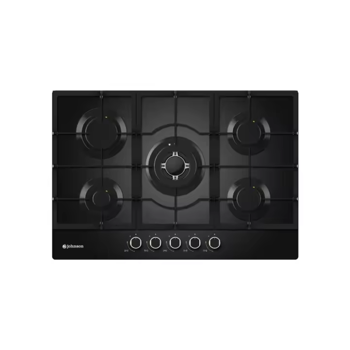 Meimon Encimera de Gas Johnson Cristal Negro con Parrillas de Hierro Fundido, 5 Zonas de Cocción, Autoencendido, Válvula de Seguridad, Mandos Negro y Plata, Preparada para Gas Butano, Kit Gas Natural Incluido, Dimensiones 9x75x52 cm - 1