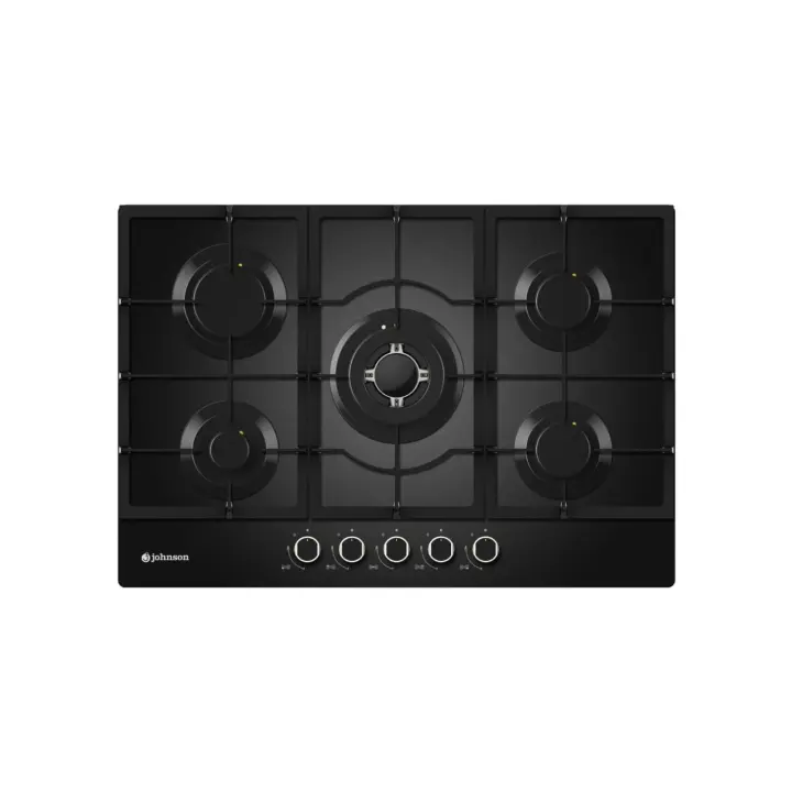 Meimon Encimera de Gas Johnson Cristal Negro con Parrillas de Hierro Fundido, 5 Zonas de Cocción, Autoencendido, Válvula de Seguridad, Mandos Negro y Plata, Preparada para Gas Butano, Kit Gas Natural Incluido, Dimensiones 9x75x52 cm - 1