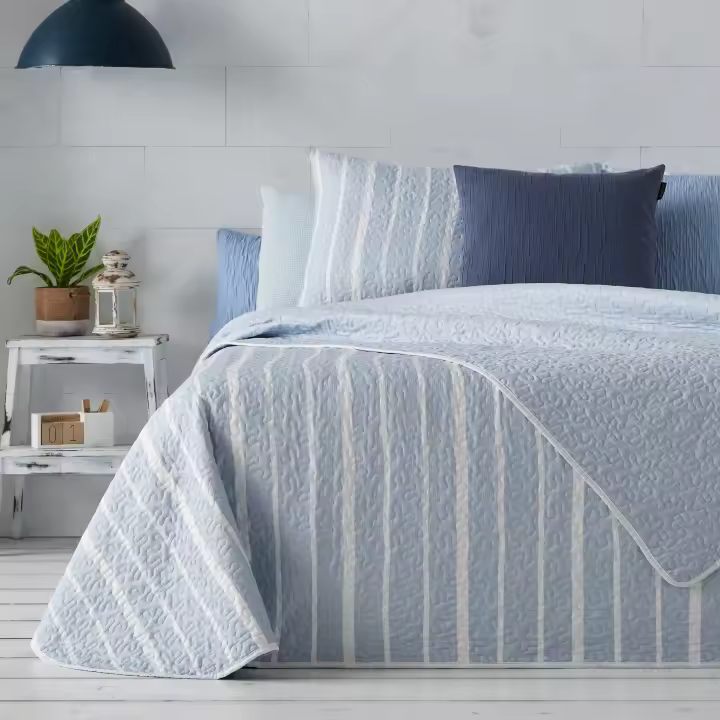 Manterol - Colcha bouti reversible rayas y espigas beige, azul y gris. Cubrecama con tejido fino, extra suave y ligero. - 1