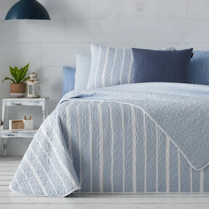Manterol - Colcha bouti reversible rayas y espigas beige, azul y gris. Cubrecama con tejido fino, extra suave y ligero. - 1