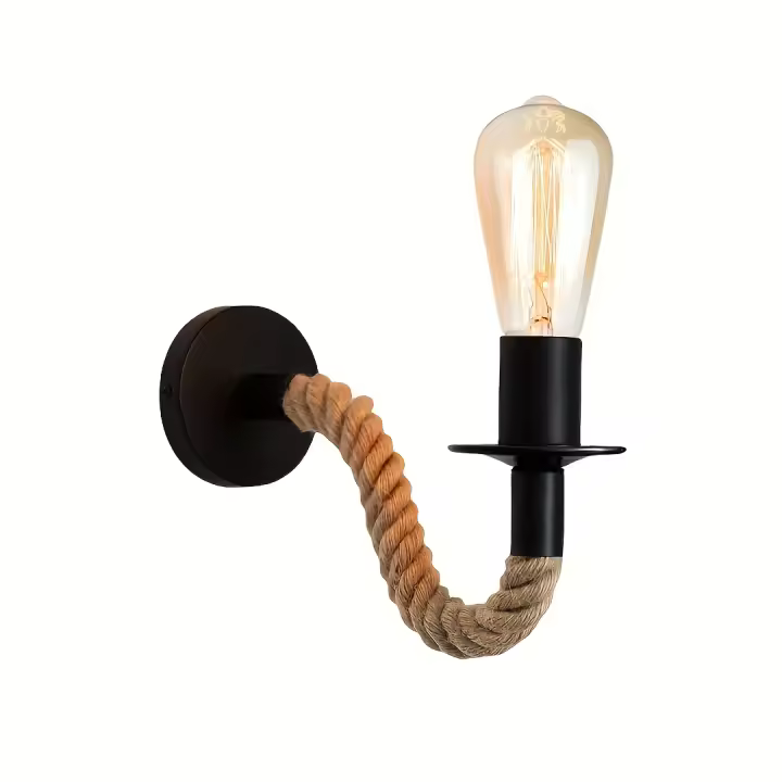 Lámpara De Pared Vintage Con Cordón De Henequén Y Madera Para Interior Y Exterior Estilo Industrial E27 Sin Bombilla - 1