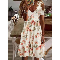 Nuevo Vestido Impreso De Verano Para Mujer Hombros Descubiertos Con Encaje Manga Corta Largo Hasta La Rodilla Estilo Casual - details 4