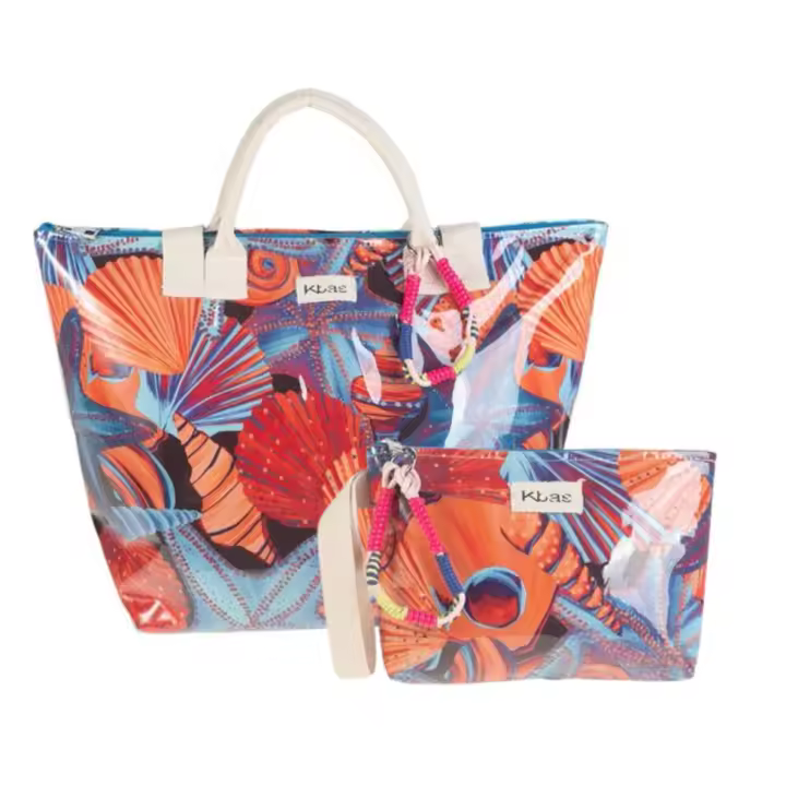 PACK BOLSO Y NECESER DE PLAYA DE ALGODÓN PLASTIFICADO – DISEÑO FONDOS MARINOS NARANJA Y AZUL – MARCA KBAS - 1