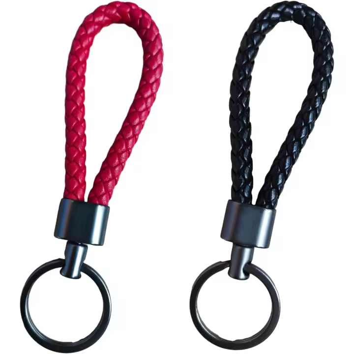 2 Llaveros de Cuero Trenzado hombre y Mujer Llaveros de Cuero Coche 12cm Laveros de Aleación Cuero de Trenzado para Llaves de Moto Casa Negro y Rojo Dark - 1