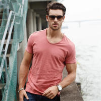 Camiseta De Algodón 100% Para Hombre Con Cuello En V Y Manga Corta Diseño De Moda Ajustada Top Masculino Transpirable Ligera Y De Secado Rápido - details 14