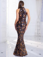 Vestido Largo De Noche Con Floral Y Lentejuelas Cuello Alto Sin Mangas Elegante Ajustado Para Fiesta Boda Maxi Gown - details 14