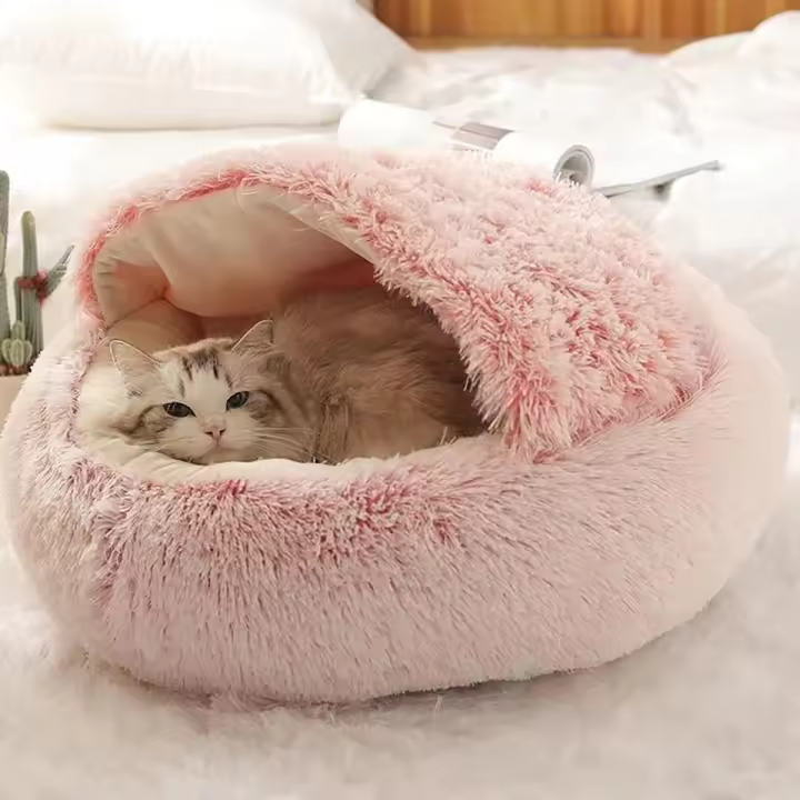 Cama De Gato Redonda De Peluche Suave Con Capucha Cueva Cómoda Para Gatos De Interior O Cachorros Pequeños Cama Doughnut Antiestrés - 1