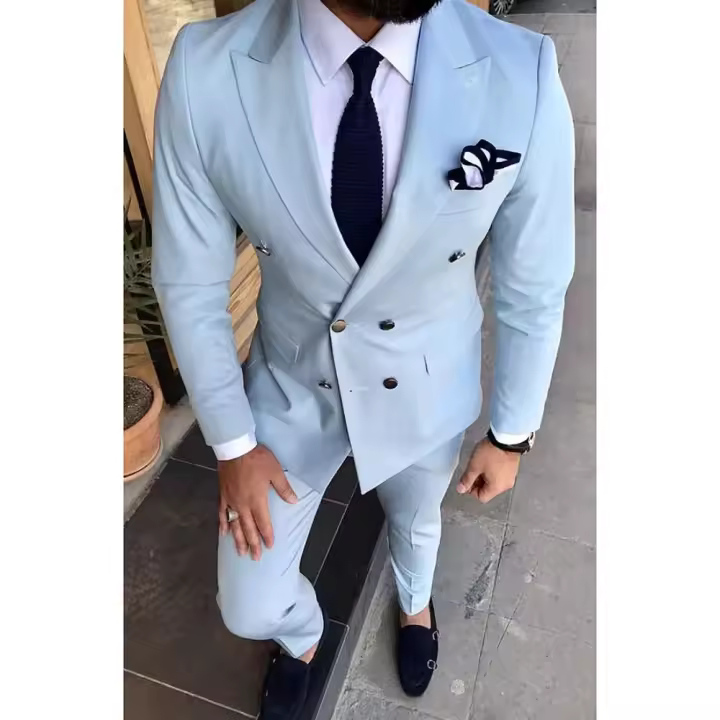 Traje Elegante Para Hombre Con Pico Lapela Azul Cielo Chic Traje De Boda Casual Formal Moda Fiesta De Premio Dos Piezas Slim - 1