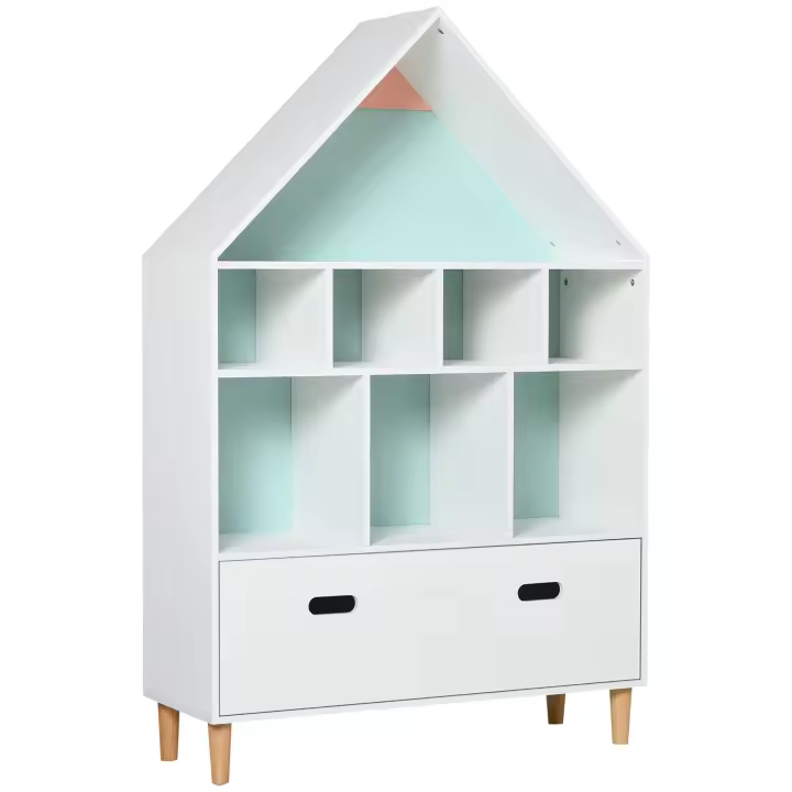 HOMCOM Estantería de Madera Infantil Forma de Casa Librería para Niños con Compartimentos Abiertos y Cajón de 2 Colores Blanco - 1