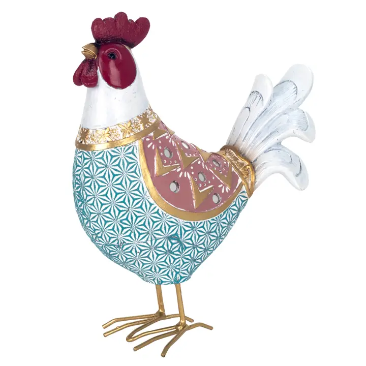 CAPRILO REGALOS & DECORACIÓN Figura Decorativa Rústica de Resina "Gallina Cenefas Azules". Adornos y Esculturas. Animales. Regalos Originales. Decoración Hogar. 16 x 7 x 21 cm. - 1