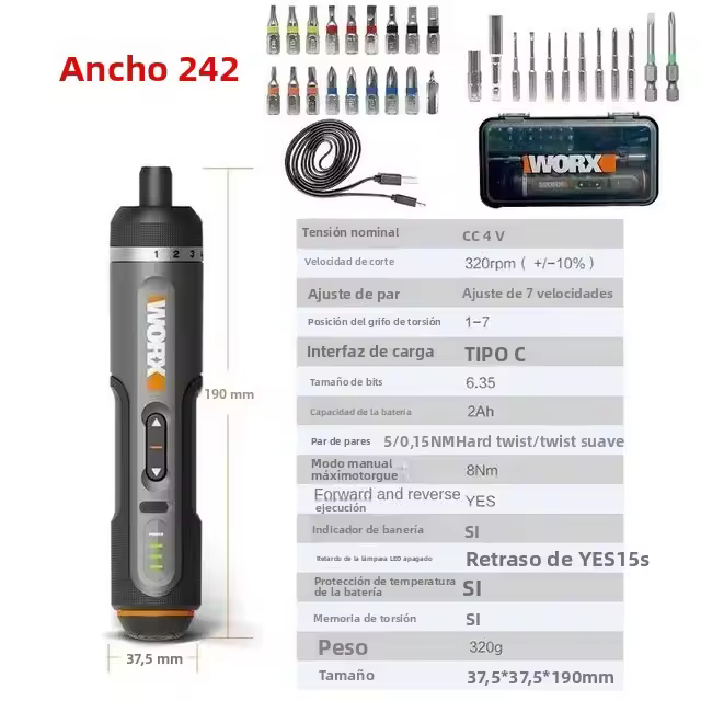 Juego De Destornilladores Eléctricos Worx 4V WX242 Recargables Por USB Con Mango Y Conjunto De 30 Brocas Herramientas Para DIY En El Hogar - 1