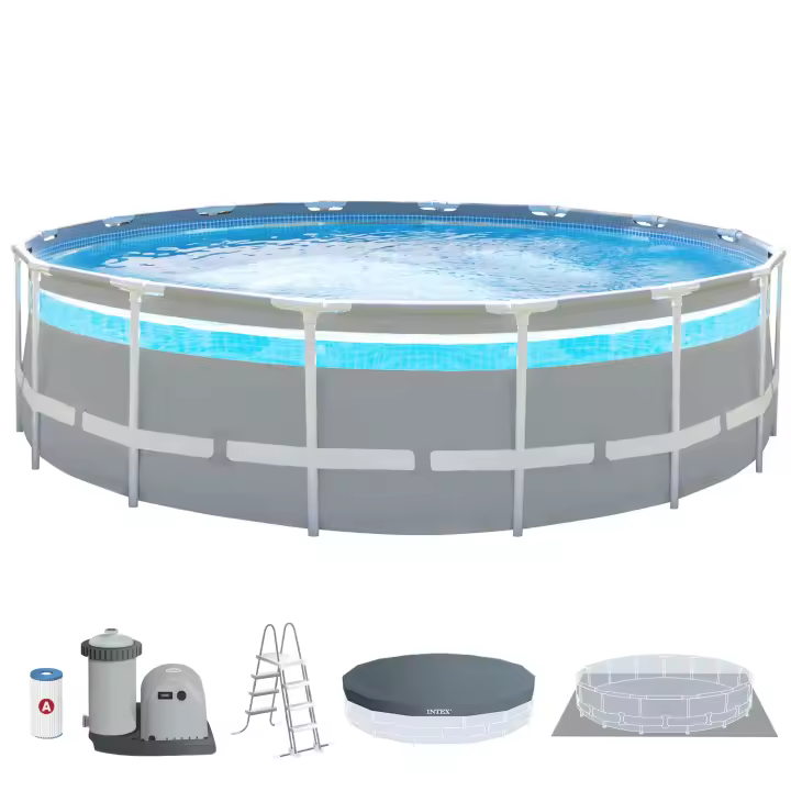 INTEX - Piscina desmontable redonda Clearview de hasta 5 metros de diámetro, color gris, ventana panorámica, incluye depuradora, tapiz, cobertor y escalera, resistente y duradera, +6 años, 45 min. montaje, piscinas desmontables, piscinas familiares - 1