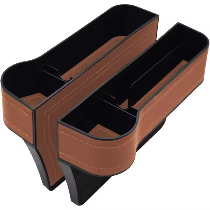 Organizador de espacio para asientos de automóvil, caja de almacenamiento para espacio para asientos de automóvil, caja de almacenamiento para espacio para asientos, portavasos y organizador de monedas de cuero PU izquierdo y derecho (marrón) - 1