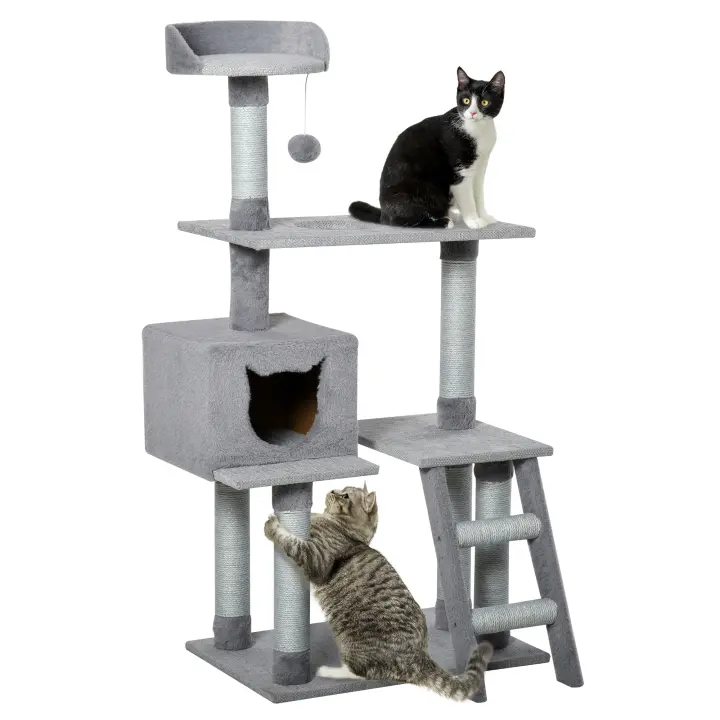 PawHut Árbol Rascador para Gatos Grande Altura 124 cm Torre de Escalada con Plataformas Escalera Cueva Postes de Yute y Bola Colgante Juego y Descanso 60,5x40x124 cm Gris - 1