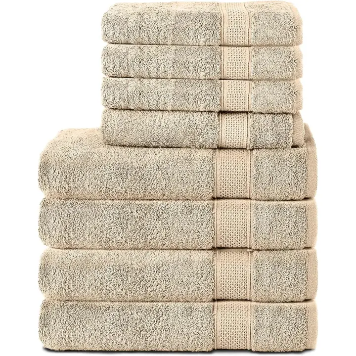 Juego de 8 Toallas de Mano de 100% Algodón, 4 Toallas de Baño de 70x140 cm Y 4 Toallas de Mano de 50x100 cm, Rizo Suave, Grande, Arena/Beige - 1