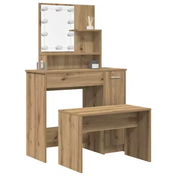 vidaXL Juego de tocador con LED madera contrachapada madera vieja - 1