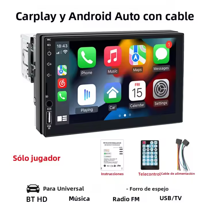 Reproductor Multimedia Para Coche HIPPBQCC 7 Pulgadas Carplay Android Auto 1 Din Pantalla Táctil HD FM Entrada AUX BT Línea Espejo Universal - 1