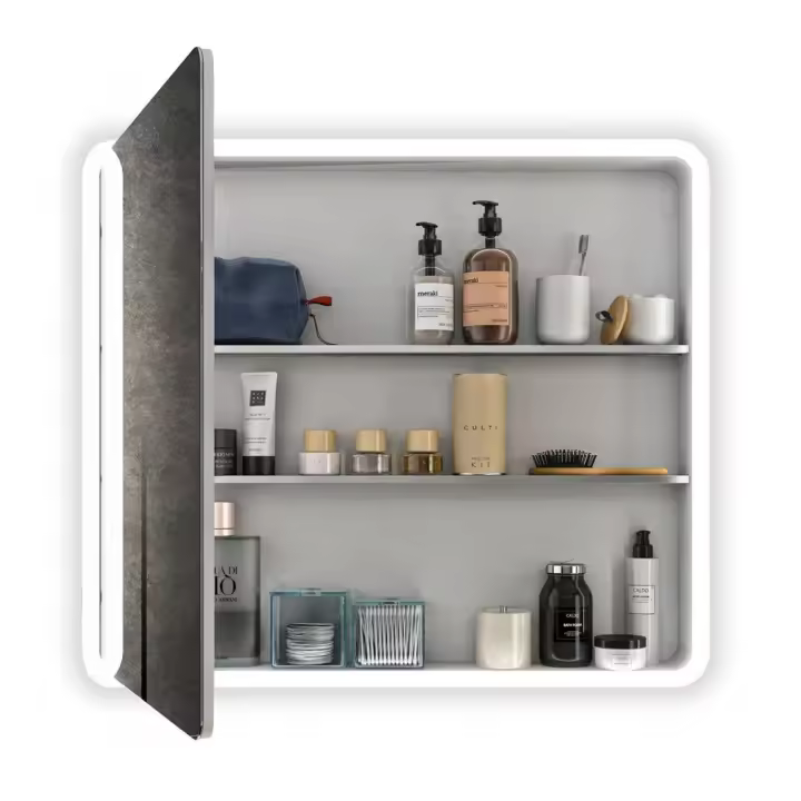 Espejo Organizador de Baño con Luz LED y Marco de Aluminio con Estante y 1 Puerta - Luz Blanca Fría (5700K) - 80 x 70cm  Modelo MIA ORGANIZER - 1