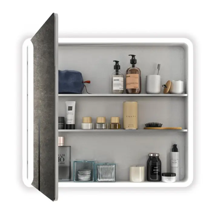 Espejo Organizador de Baño con Luz LED y Marco de Aluminio con Estante y 1 Puerta - Luz Blanca Fría (5700K) - 80 x 70cm  Modelo MIA ORGANIZER - 1