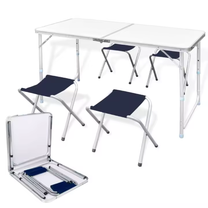 Mesa Plegable Ajustable de Aluminio con 4 Taburetes Plegables Regulables para Camping Ideal para Camping y Jardín Transporte Fácil y Compacto - 1