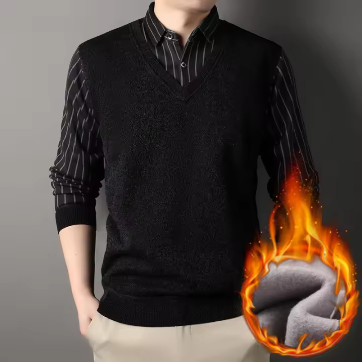 Suéter De Poliéster Para Hombre Con Cuello Polo Y Rayas Gris Oscuro Acolchado Y Cálido Para Otoño E Invierno Moda Coreana - 1