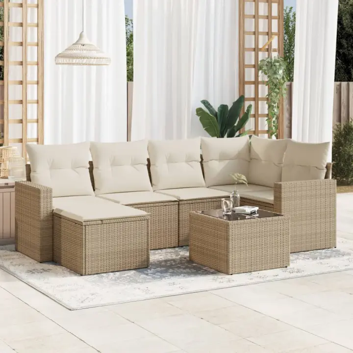 vidaXL Set sofás de jardín 7 piezas y cojines ratán sintético beige - 1