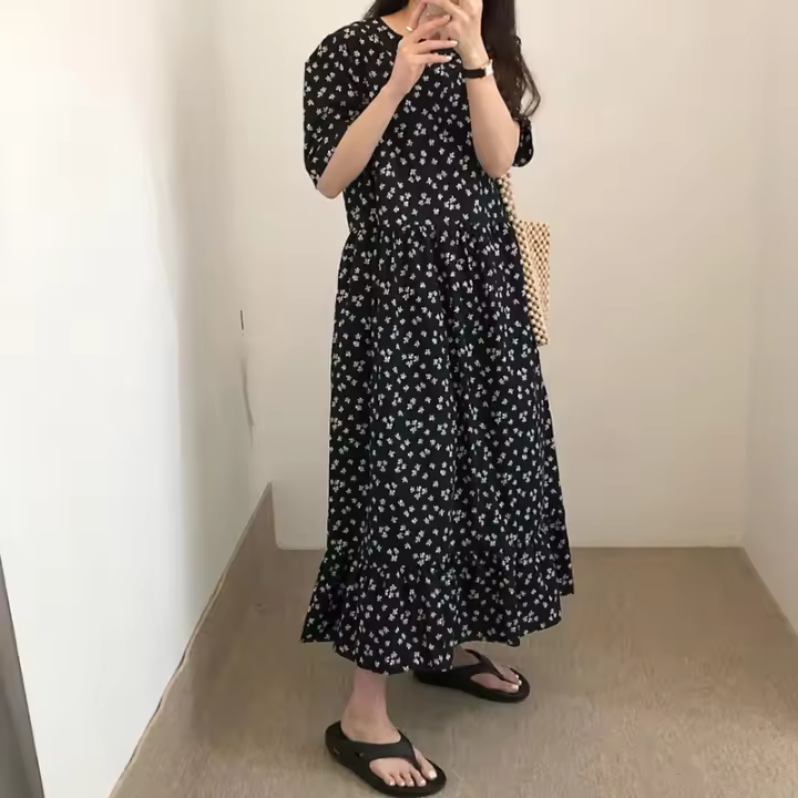 Nuevo Vestido Largo Floral Para Mujer Estilo Retro Versátil Casual Trabajo Vacaciones Manga Corta Negro A-Line Cuello O Pullover - 1