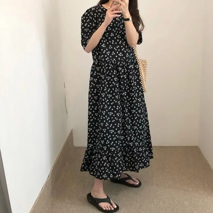 Nuevo Vestido Largo Floral Para Mujer Estilo Retro Versátil Casual Trabajo Vacaciones Manga Corta Negro A-Line Cuello O Pullover - 1