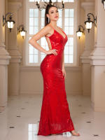 Vestido De Noche Sin Mangas Y Espalda Descubierta Dorado Rojo Slim V Neck Mermaid Prom Traje De Baño De Encaje Para Mujer - details 8