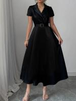 Vestido Elegante De Satén Para Mujer Con Cinturón Y Manga Corta En Color Negro Estilo A-Line Collar Turn-Down Para Oficina Ropa Casual - details 1