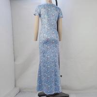 Vestido De Verano Para Mujer Con Cuello Redondo Estampado Slimming De Manga Corta Ajustado Con Cintura Cinchada Vestido Hipo De Pierna - details 2