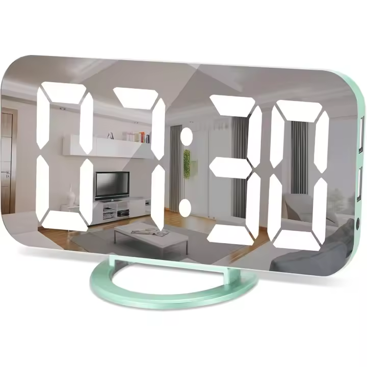 Reloj digital de pantalla grande, despertador con superficie de espejo, con 2 puertos de carga USB, atenuación automática, función de repetición, pequeño reloj eléctrico de escritorio para dormitorio, oficina - 1