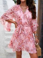 Vestido A-Line De Pierna Larga Para Mujer Con Estampado Floral Elegante Cuello V Manga Corta Estilo Casual Vestido De Verano Primavera - details 7