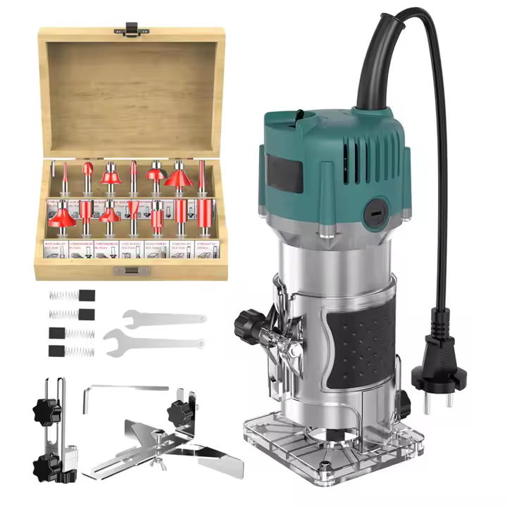 Fresadora de 6,35 mm de diámetro, fresadora eléctrica, 800 W, fresadora a mano, 30.000 rpm, con interruptor basculante de un solo toque con base transparente, con juego de 15 fresas para madera - 1