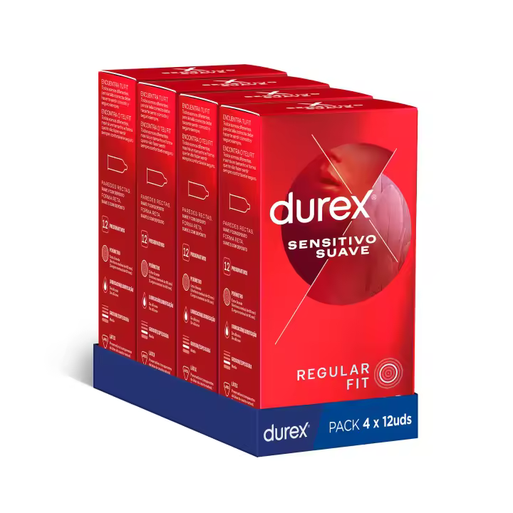 Durex - Condones Sensitivo Suave, Pack de 48 Preservativos para Sexo Seguro. Perímetro Regular, Grosor Fino. 4 Cajitas - 1
