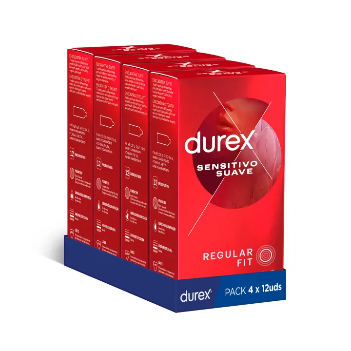 Durex - Condones Sensitivo Suave, Pack de 48 Preservativos para Sexo Seguro. Perímetro Regular, Grosor Fino. 4 Cajitas - 1