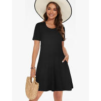 Vestido Mini A-Line De Cuello Redondo Solado Casual Con Bolsillos Vestido De Polyester Spandex Estilo Casual Silueta A-Line - details 4