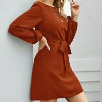 Vestido De Mujer Talla Grande De Chiffon Color Sólido Moda 2021 Manga Farol Suéter Cinturón A-Línea Cuello Redondo Largo Hasta La Rodilla - details 16