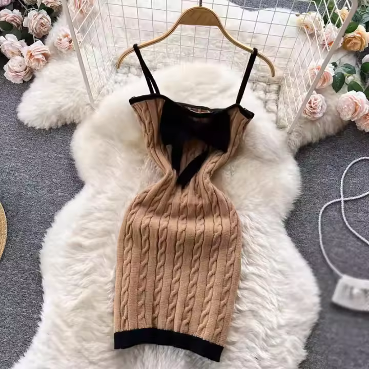 Vestido Sin Mangas De Colores Contrapuestos Para Mujer Estilo Coreano Ajustado Hasta La Rodilla Con Bow Decorativo - 1