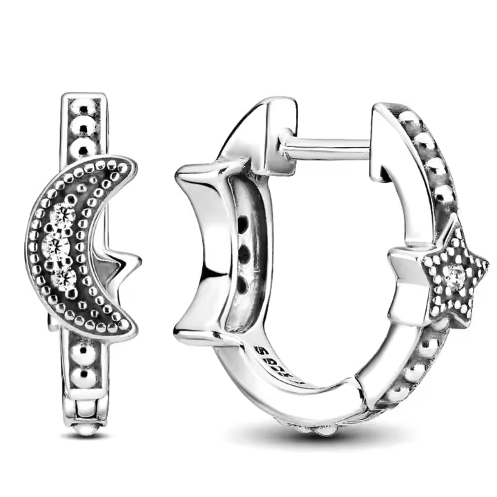 Pandora Pendientes de Aro en Plata de Ley Gancho de cuentas con forma de media luna y estrella，Incluye Caja Original - 1