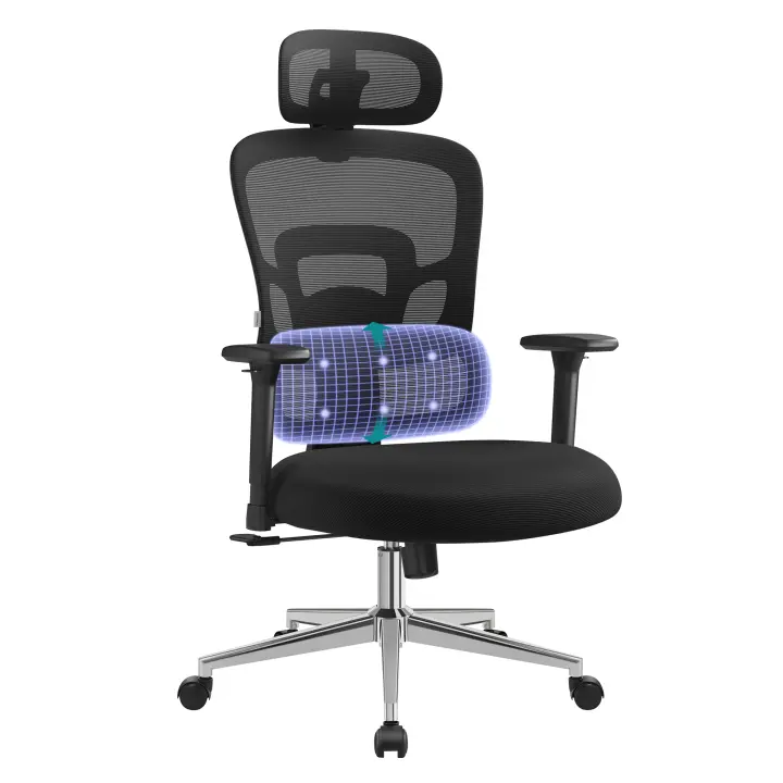 SONGMICS Silla de Oficina Ergonómica, Silla de Escritorio con Respaldo Alto, Silla de Malla con Soporte Lumbar Ajustable en Altura, Reposacabezas y Apoyabrazos 3D Ajustables, Negro Tinta/Gris Paloma - 1