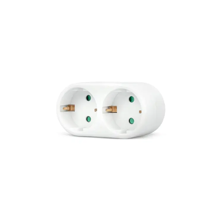 Adaptador 2 tomas Schuko, adaptador 2 enchufes, ladron doble frontal, enchufe multiple con 2 tomas, ladron de enchufes 2 x 16A, con proteccion para niños, max 3680W, color blanco, Don Feliz - 1