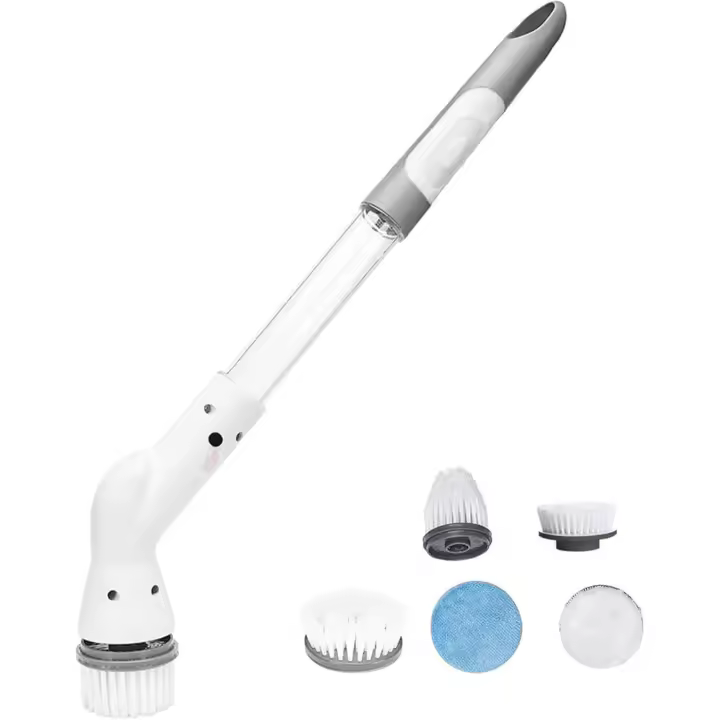 Cepillo de limpieza eléctrico giratorio de mango largo con 5 accesorios Cepillo de limpieza de baño Fregador eléctrico inalámbrico para duchas, lavabos y superficies (blanco) Limpiador de azulejos de baño - 1
